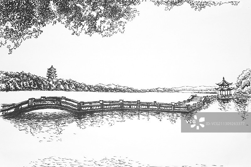 西湖边上雷峰塔下长桥边杭州城市插画钢笔画图片素材