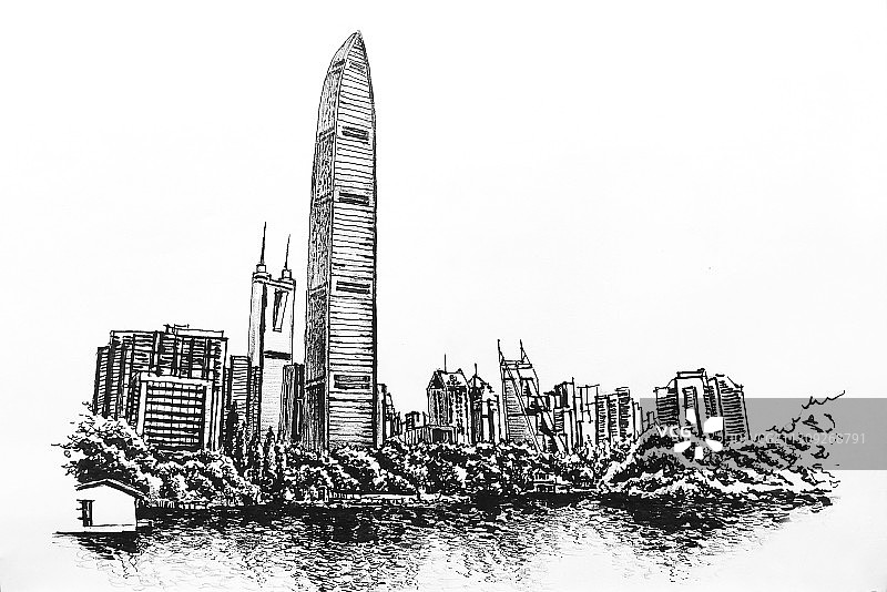 深圳地标建筑摩天大楼京基100城市插画钢笔画图片素材