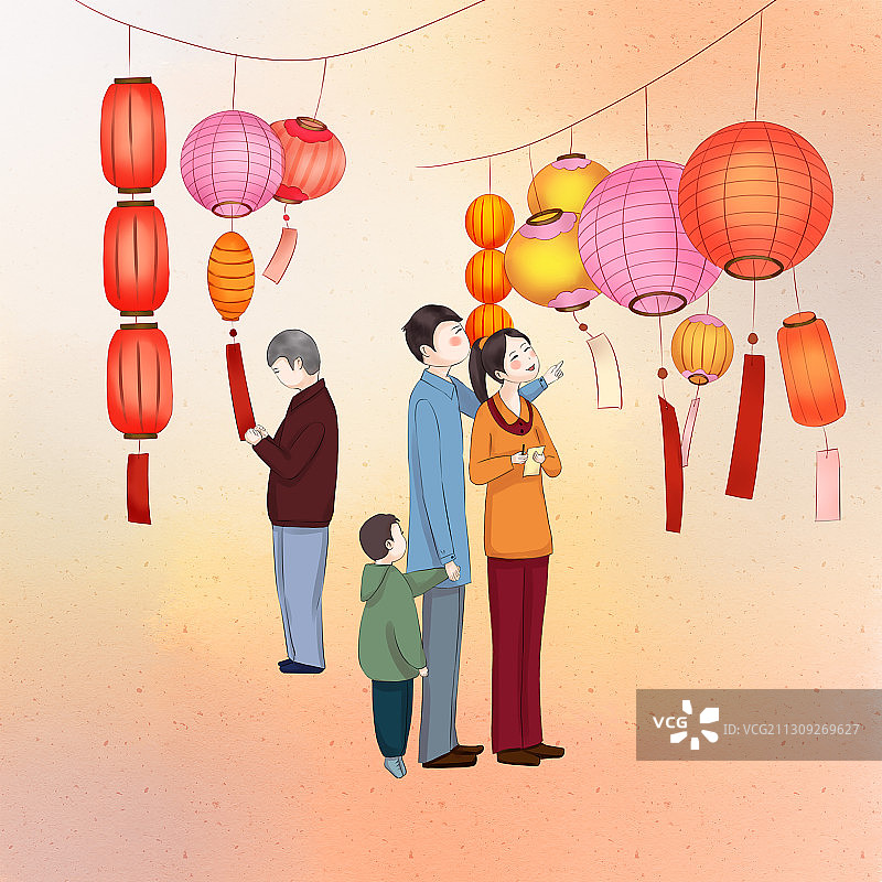 元宵节一家人赏花灯猜灯谜图片素材