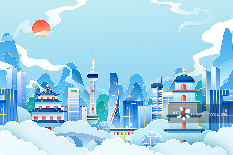 卡通中国上海城市地标建筑生活方式建筑群中国风国潮矢量插画图片素材