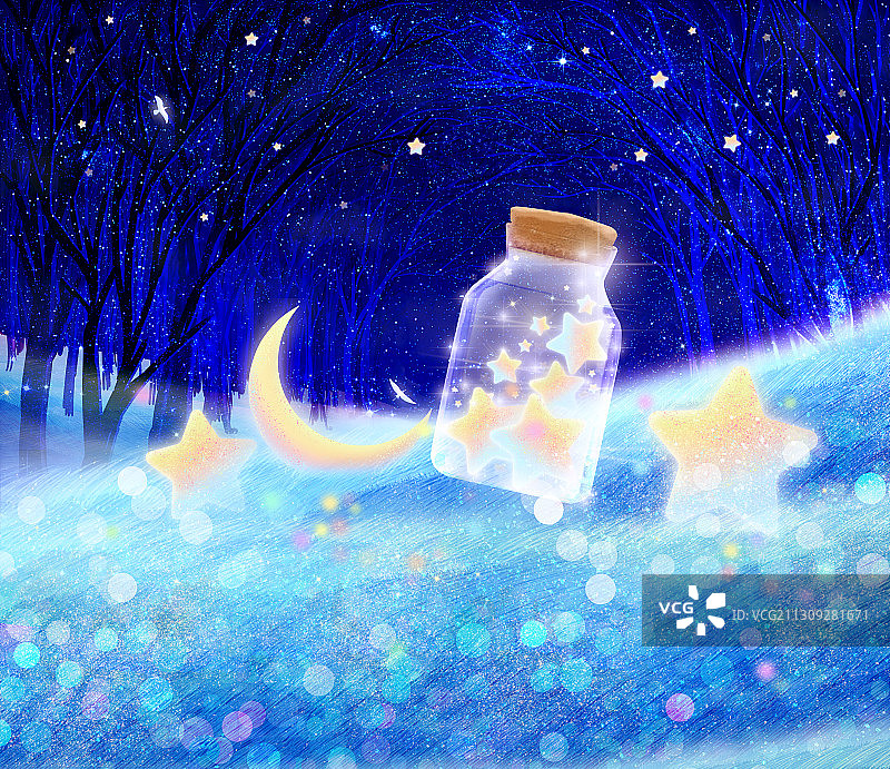 夜晚星空下，星星在森林草坪上发出光茫图片素材