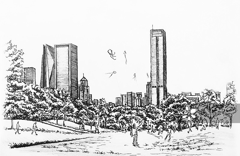 深圳地标建筑摩天大楼笔架山公园城市插画钢笔画图片素材