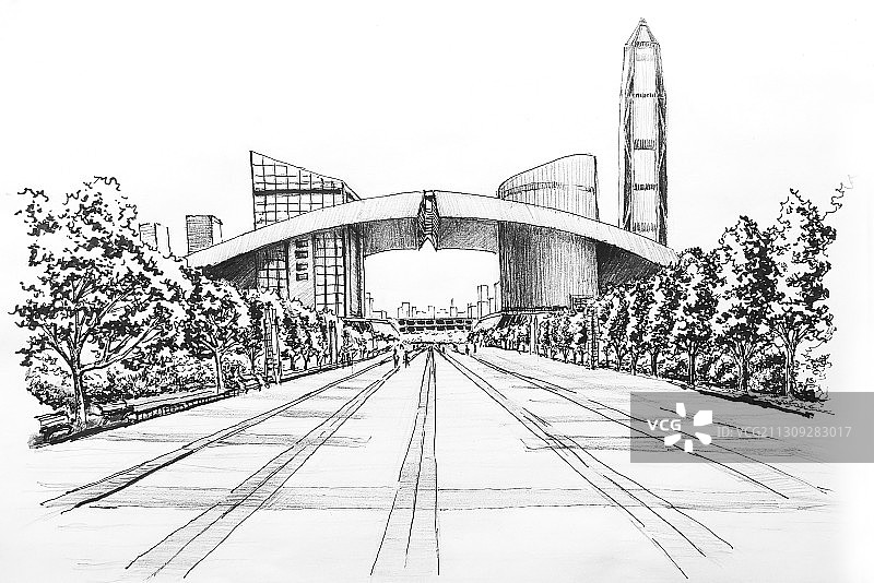 深圳地标建筑摩天大楼平安大厦市民中心城市插画钢笔画图片素材