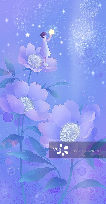 星光焰火下的芍药和小女孩 唯美图片素材