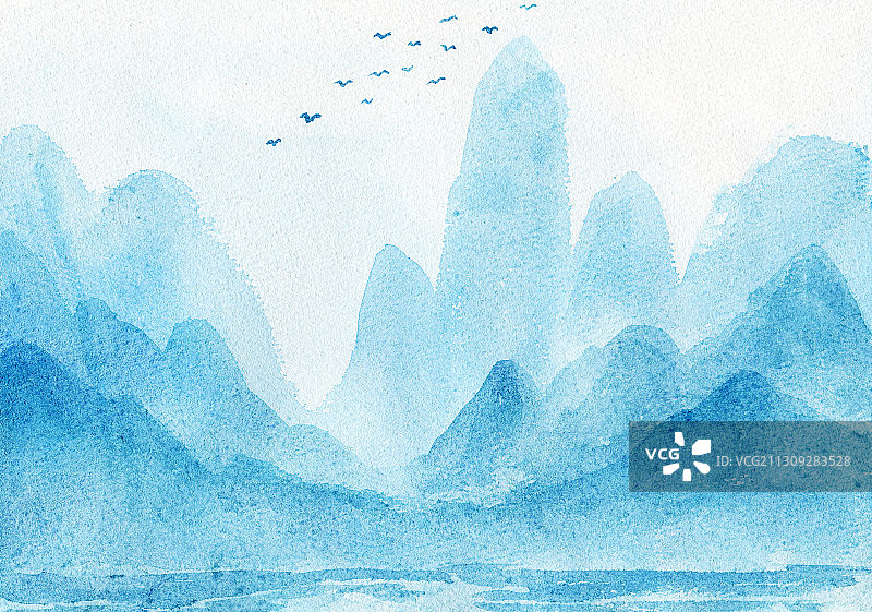 高耸的山峰水彩淡彩山水插画图片素材