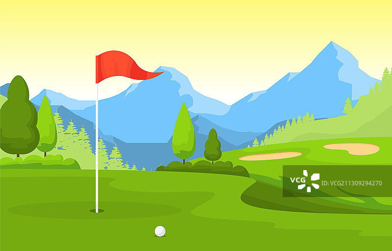高尔夫球场旗帜绿草树木户外运动图片素材