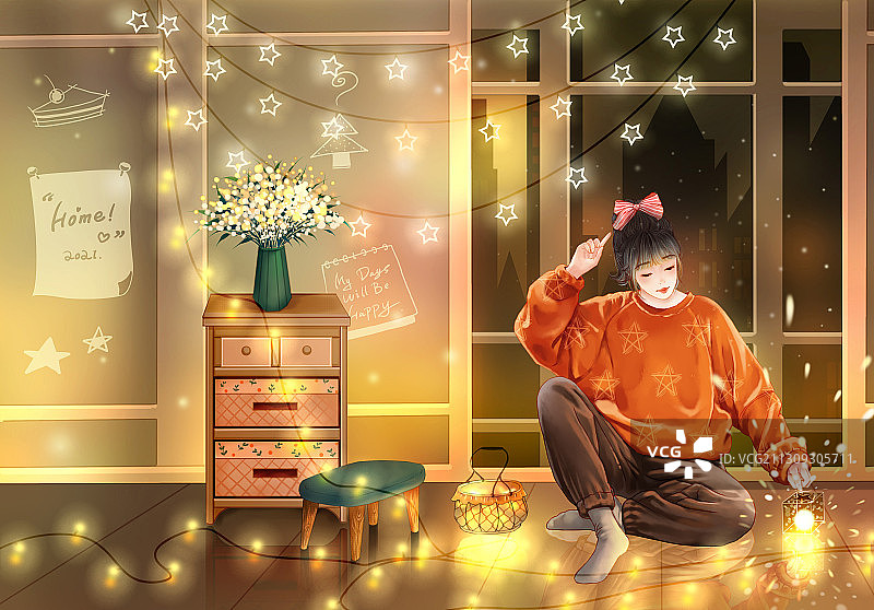 圣诞节在窗边放灯的少女图片素材