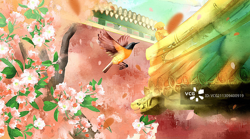 中国风春天故宫风景插画图片素材