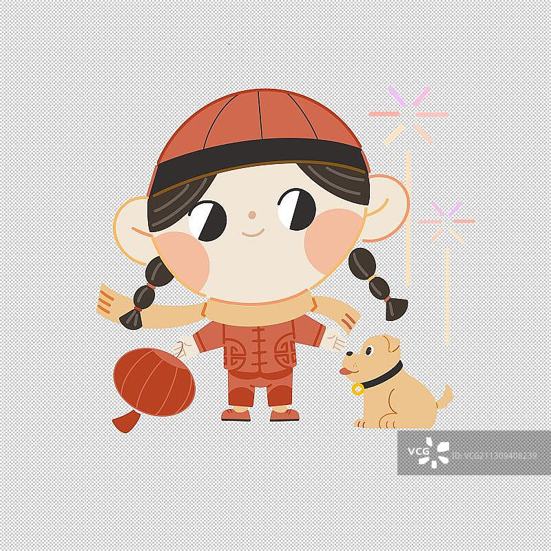 可爱女孩红灯笼狗狗过新年图片素材
