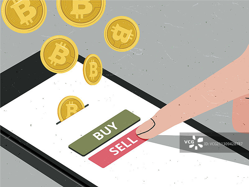 手按“卖出”按钮出售比特币图片素材