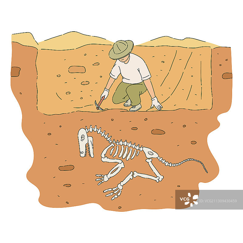 男性考古学家手持镐头挖掘恐龙化石图片素材