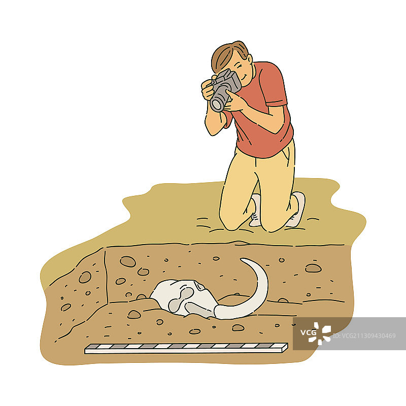 男性考古学家跪着拍摄照片图片素材