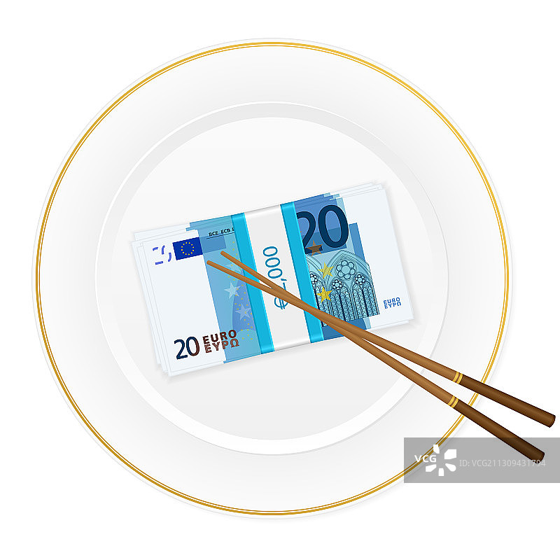 餐盘、筷子和20欧元纸币图片素材