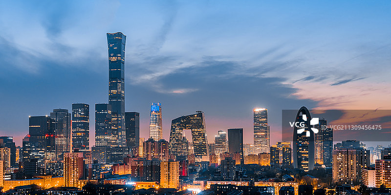 中国北京CBD建筑群高视角夜景图片素材