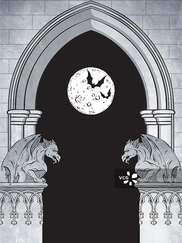 带有滴水嘴兽和满月的哥特式拱门图片素材