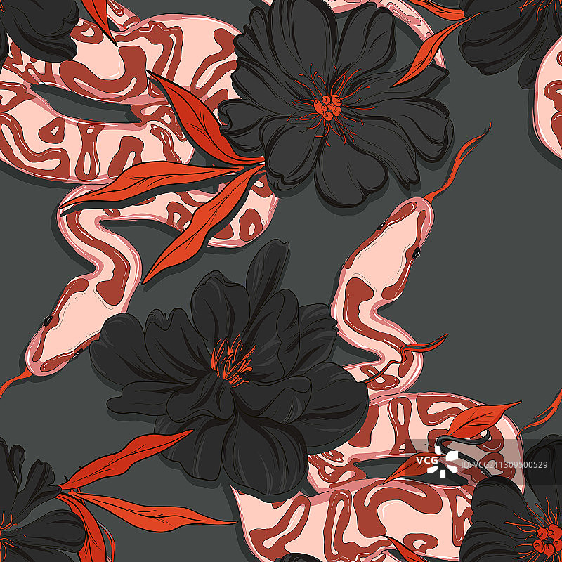 有毒的园林蛇图案，爬行动物和牡丹花图片素材