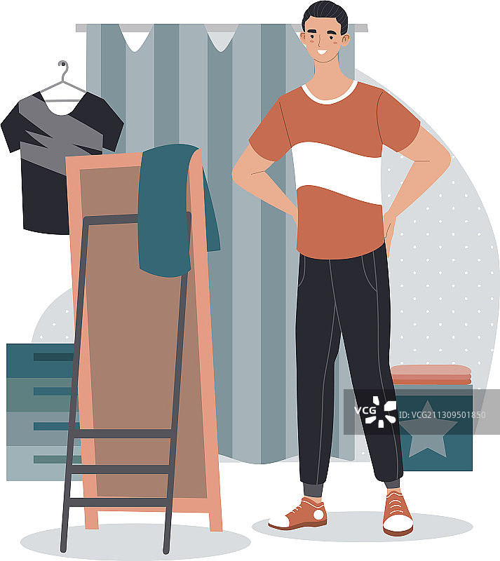 男人在购物试衣间里穿衣服图片素材