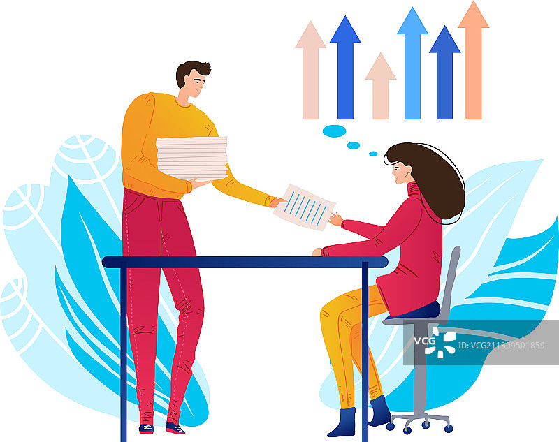 男人拿着一叠纸向女人汇报工作图片素材