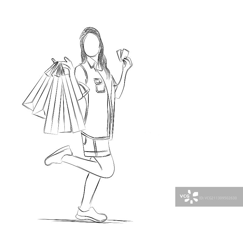 带购物袋的时尚女孩扁平线条艺术图片素材