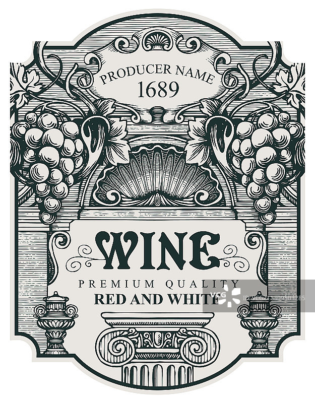 手绘葡萄酒标签与葡萄串图片素材