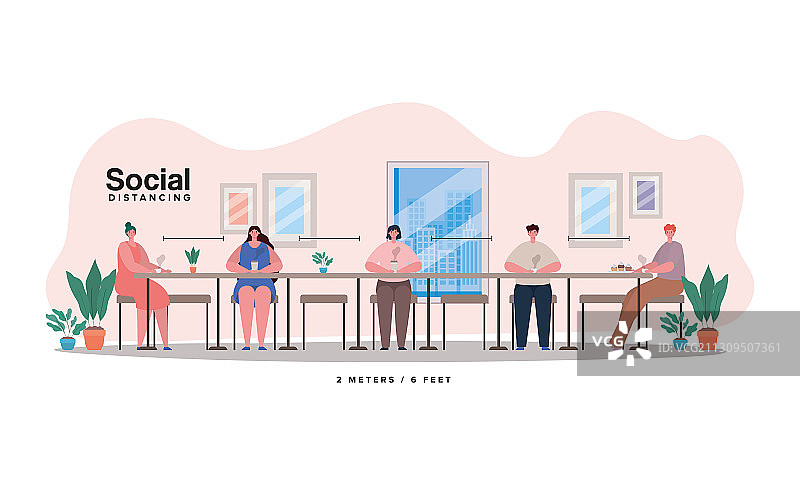 卡通男孩和女孩之间的社交距离图片素材