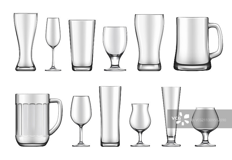 玻璃高脚杯、马克杯和罐子组合图片素材