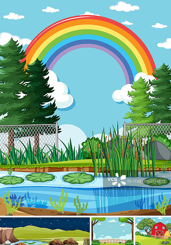 卡通自然场景中的四个不同场景图片素材