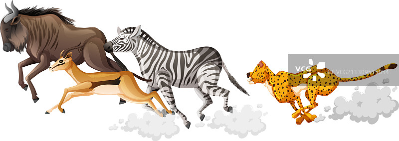 奔跑中的野生动物卡通群像图片素材