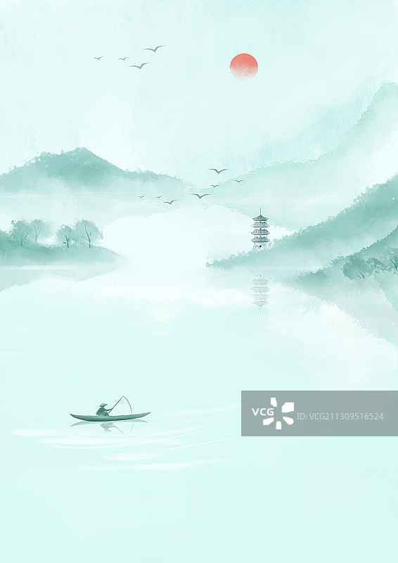 水墨江南山水插画图片素材