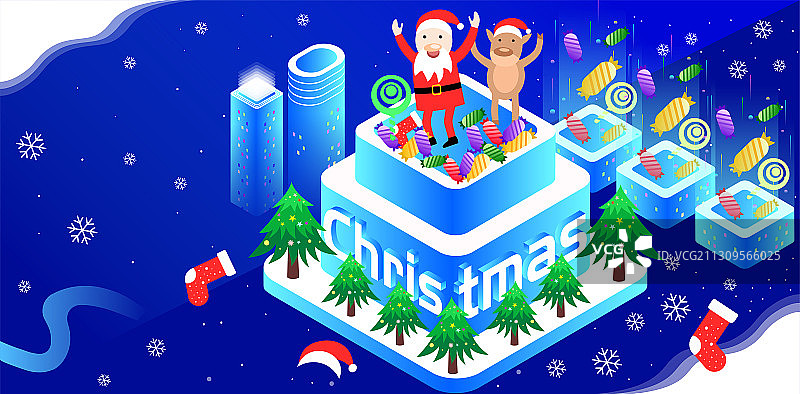 蓝色简约欢乐圣诞节矢量插画图片素材