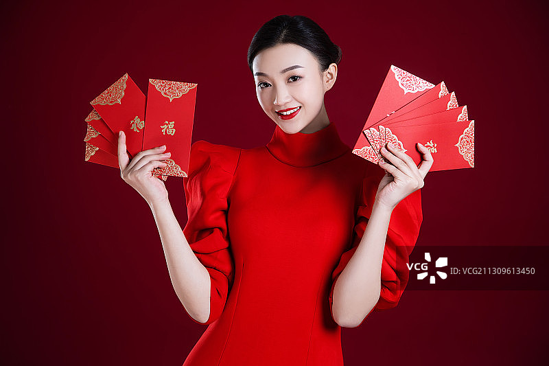 春节,新年,年青女人,红包图片素材