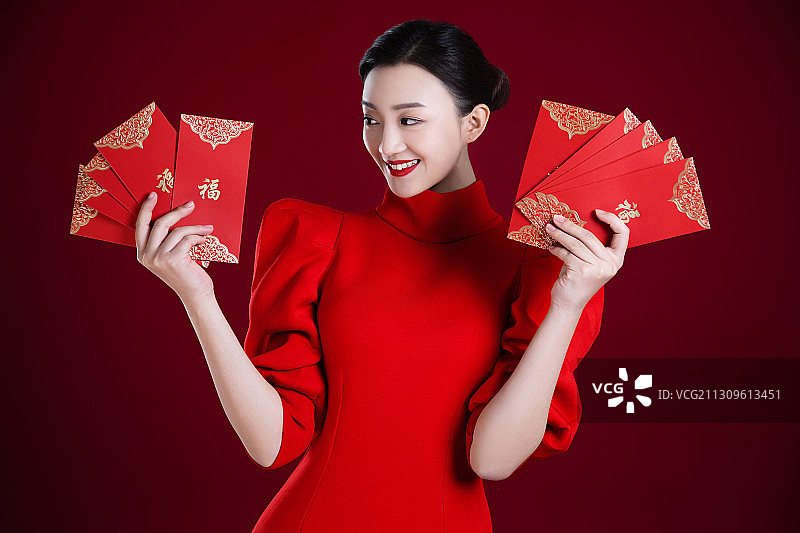 春节,新年,年青女人,红包图片素材