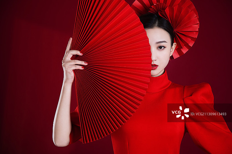 中国红,折扇,年青女人,广告图片素材