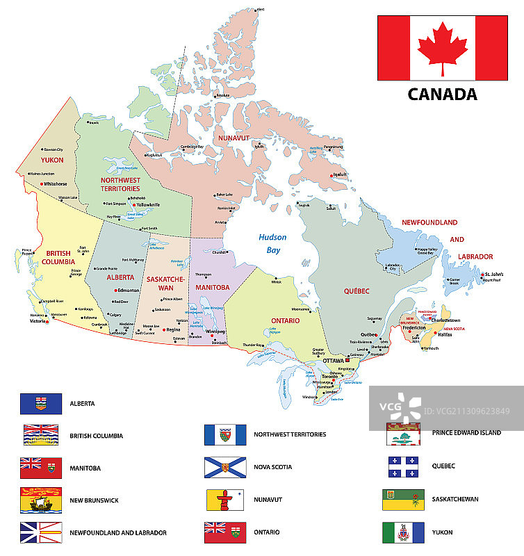 带有旗帜的加拿大行政地图图片素材
