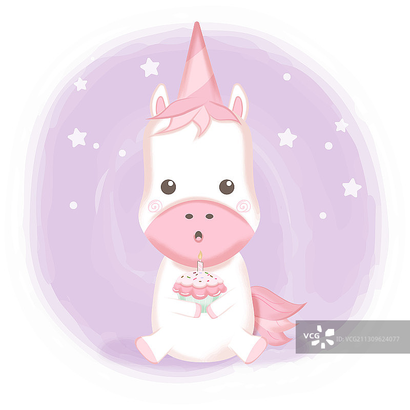 紫色背景上的可爱独角兽与纸杯蛋糕图片素材