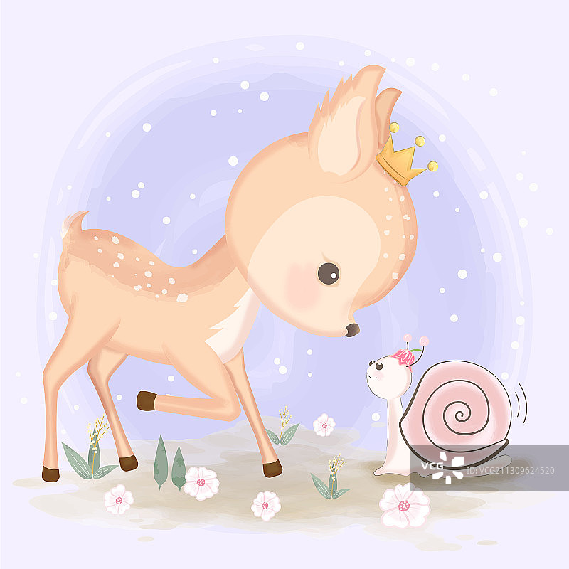 可爱小鹿蜗牛手绘动物水彩画图片素材