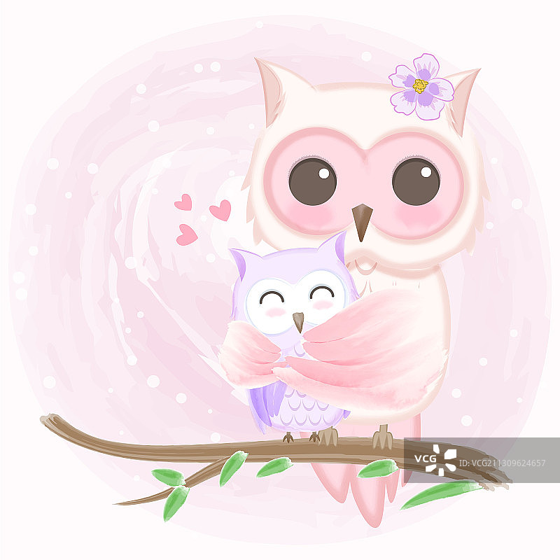 手绘可爱卡通猫头鹰母子动物图片素材
