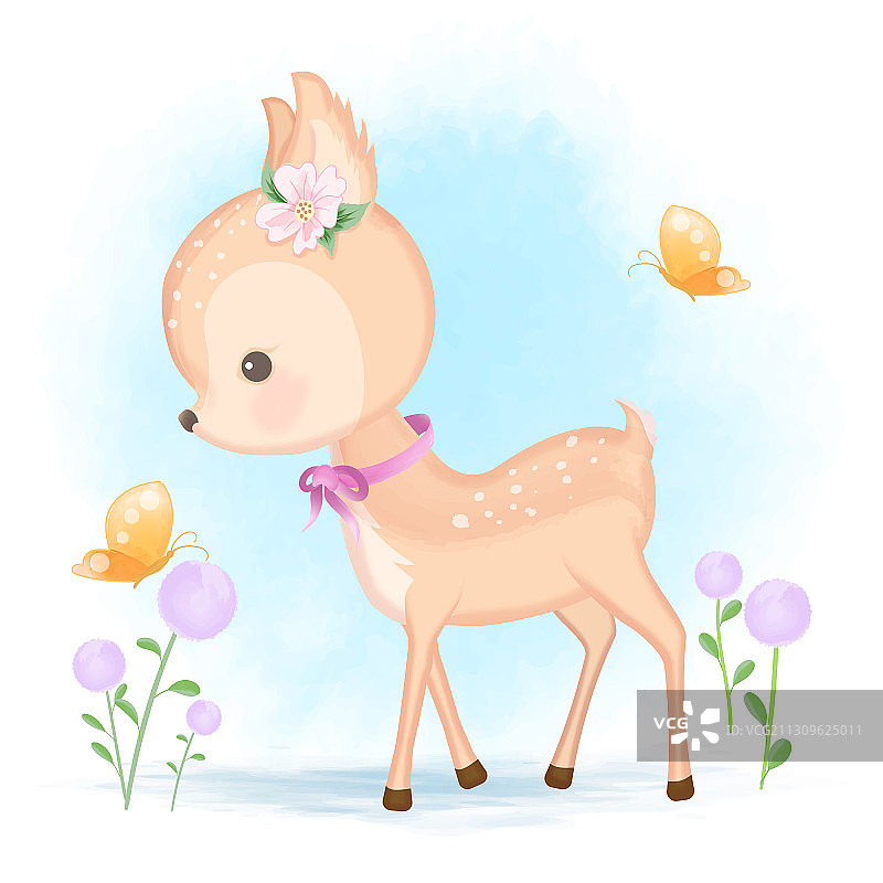 手绘的可爱小鹿和蝴蝶图片素材