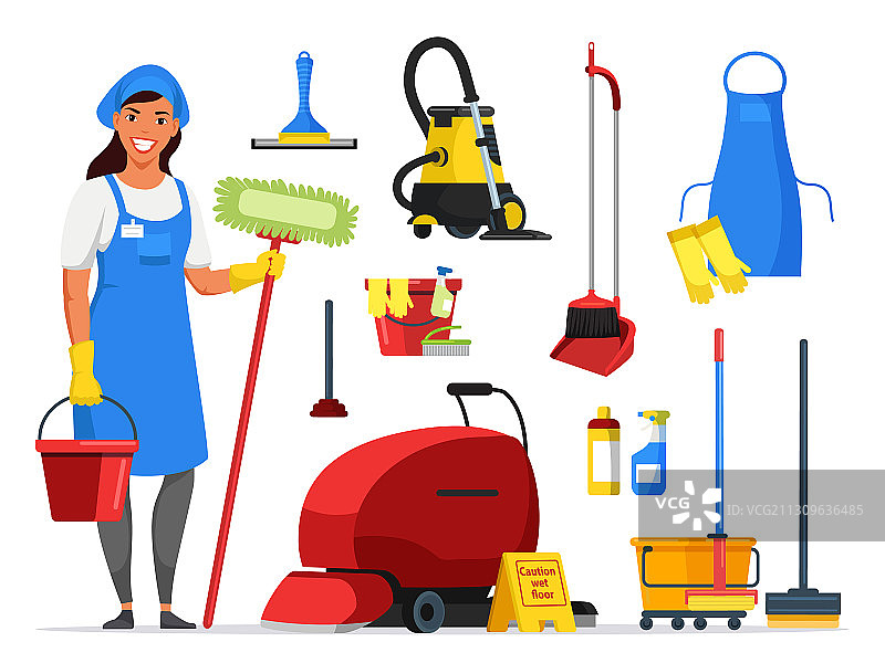 家政服务：员工与清洁设备图片素材