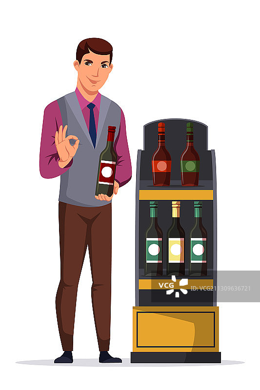 男人侍酒师展示白葡萄酒瓶图片素材