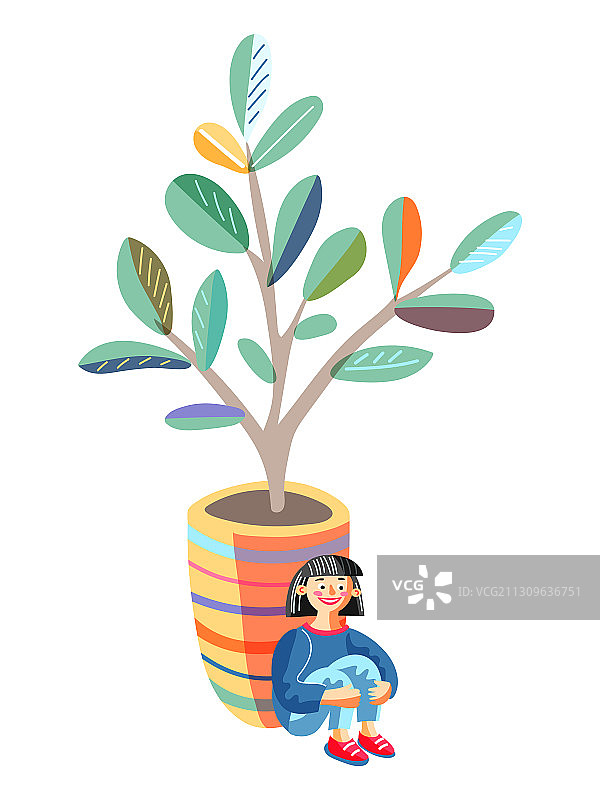 小女孩向后靠在花盆旁躲藏图片素材