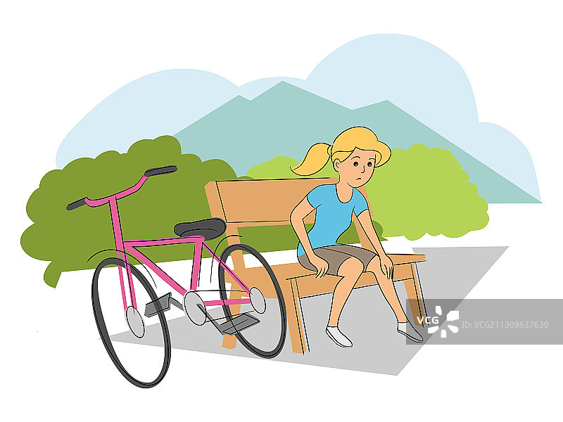 腿部受伤的骑行女孩坐在长凳上图片素材