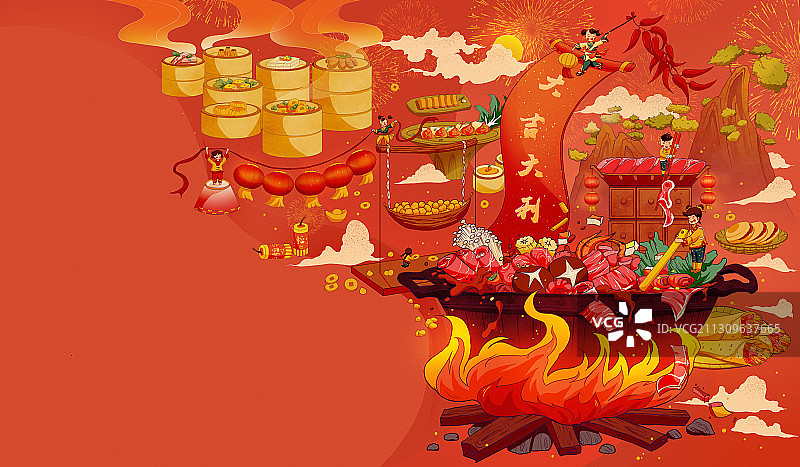 春节除夕传统美食新年横版插画图片素材
