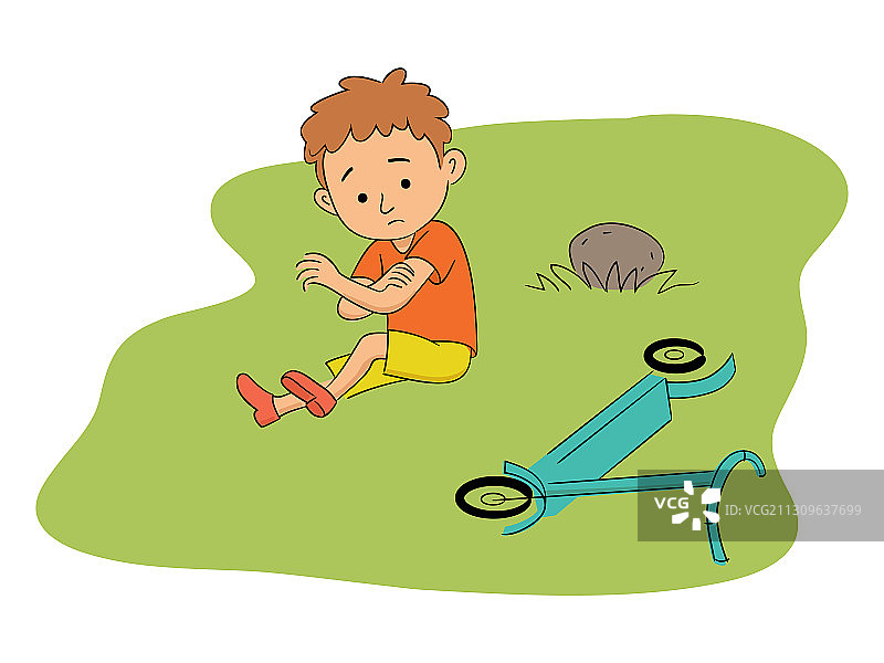 滑板车事故后肘部疼痛的小男孩图片素材