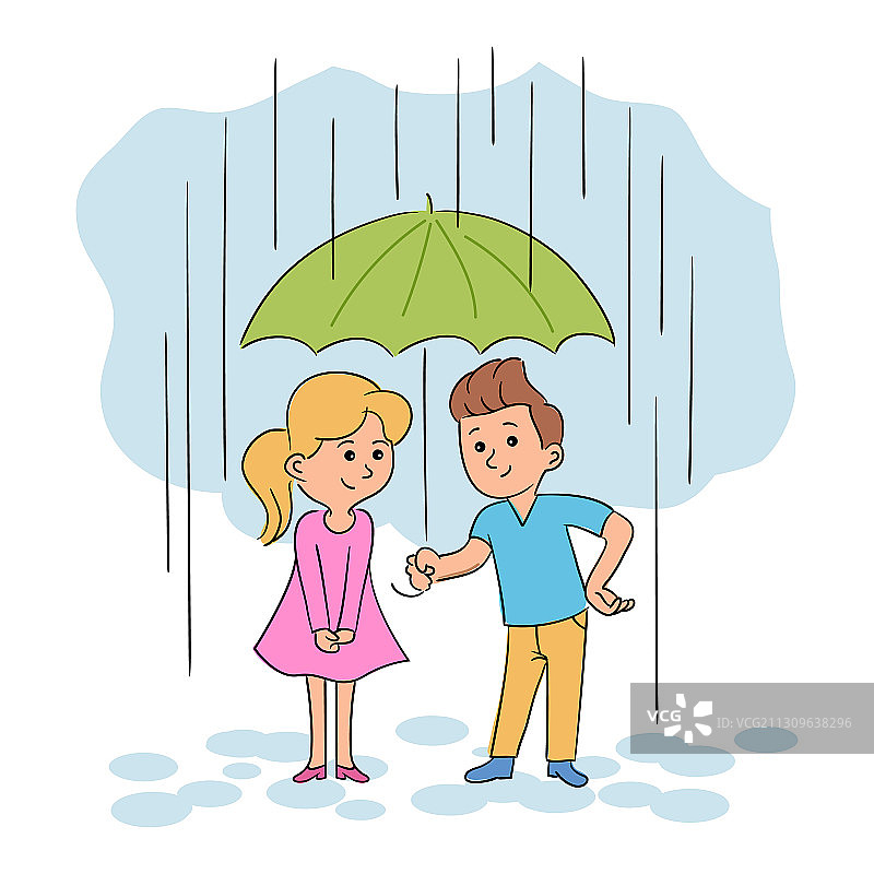 男孩和女孩在雨中撑伞站立图片素材