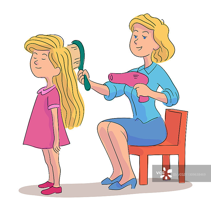 母亲在白色背景上为女儿梳头和吹干头发图片素材