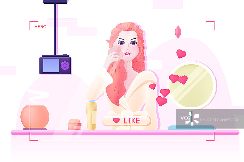 正在网络直播化妆教程的美女矢量插画图片素材