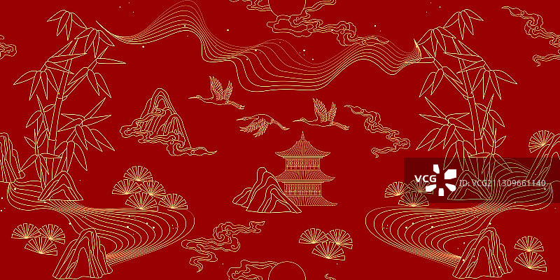 无缝山水仙鹤图案，红色背景图片素材