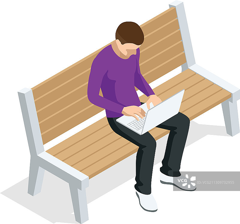 坐在长凳上的2.5D年轻人图片素材