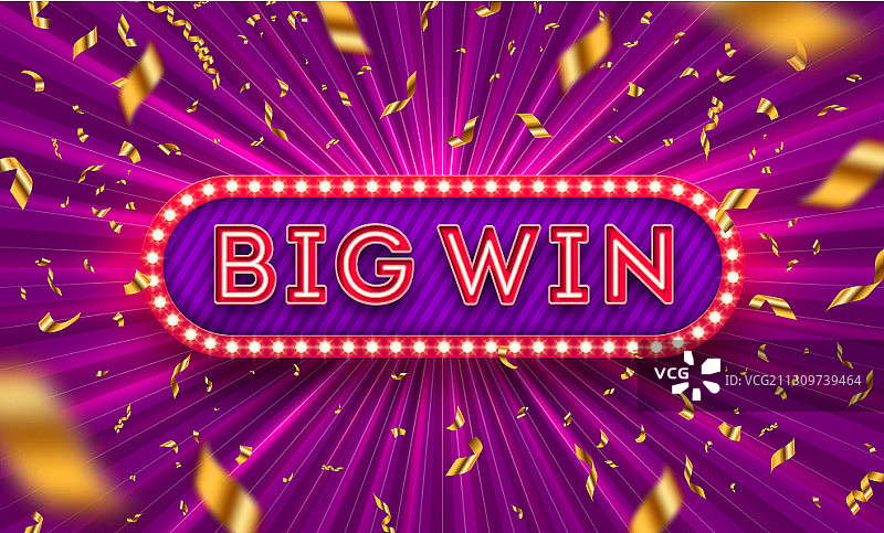 霓虹灯“大获全胜”标志牌和金色纸屑图片素材